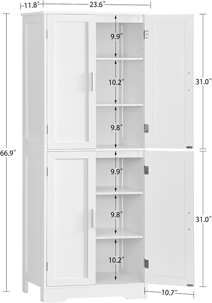 TEENFON 67” Storage Cabinet, Kitchen Pantry Cabinet with 4 Doors and 2 Adjustable Shelves, Cupboard, Tall Bathroom Cabinets for Dining Room, Living Room, White