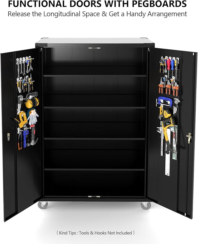 VINGLI Upgraded Wide & Deep Garage Storage Cabinet, Metal Storage Cabinet with Pegboards, Wheels, Locking Doors and Adjustable Shelves (Black, 43''W x 20''D x 72''H)