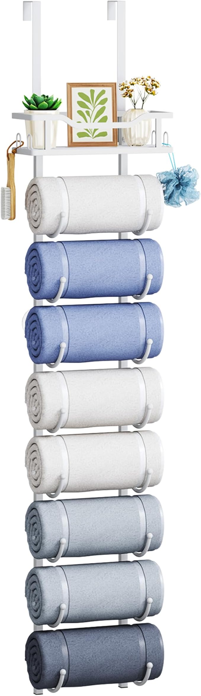 SWTYMIKI Over the Door Towel Rack - 9 Tier Towel Racks for Bathroom Wall Mounted, Towel Holder with Shelf, Hanging Rolled Towel Storage Organizer for Small Bathroom, Camper, RV, White