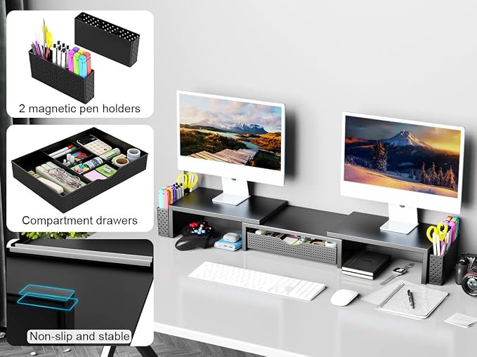 Spacrea Dual Monitor Stand Riser with Drawer and 2 Pen Holders | Monitor Riser Desk Organizers and Accessories,Desk Accessories & Workspace Desktop Organizers for Office Supplies (Black)