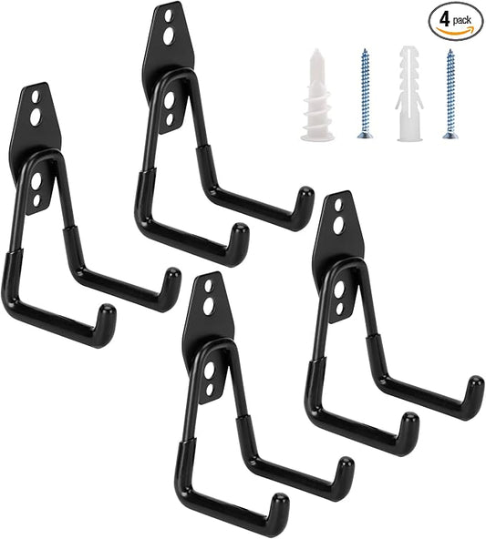 4 Pack Garage Hooks Heavy Duty - Supports 100 lbs | Utility Steel Garage Hanger & Organizer for Organizing Garden Lawn Tools, Ladders, Garden Hose, Digging Shovel, Bikes, Ropes