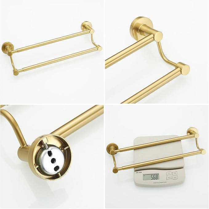 BESy Double Towel Bar Towel Rack for Bathroom Wall Mounted Brushed Gold | Adjustable 16-26 In,Wall Mounted Towel Holder, Stainless Steel, Rustproof, Towel Bar Rod Hanger Hardware Accessories Hotel