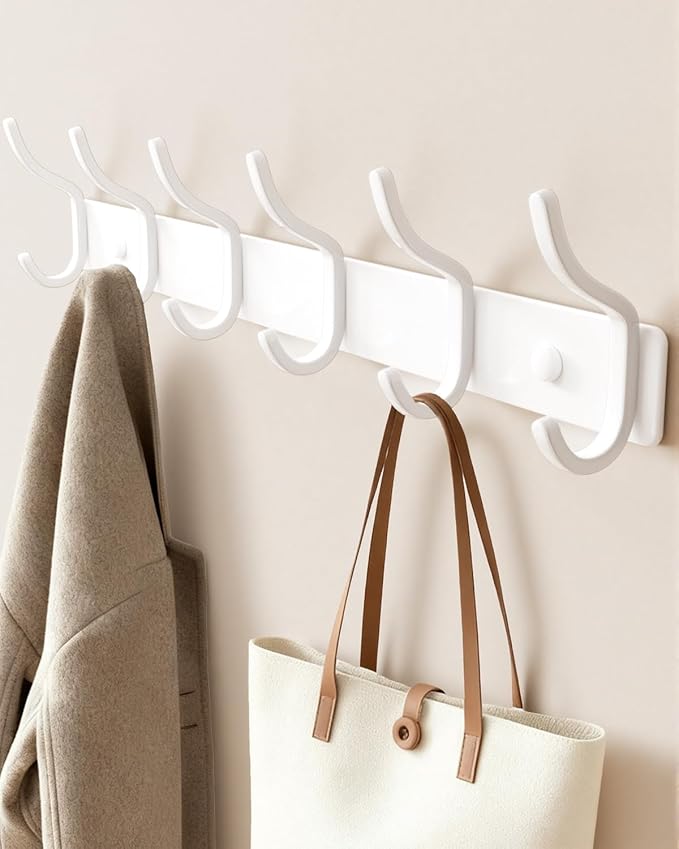 Wall Mounted Coat Rack (White, 1 Pack) - Aluminum 6-Hook Rack with Curved Hooks, Drill Installation, Holds Coats, Towels, and Bags, Ideal for Entryway or Office