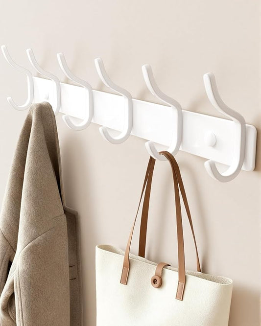 Wall Mounted Coat Rack (White, 1 Pack) - Aluminum 6-Hook Rack with Curved Hooks, Drill Installation, Holds Coats, Towels, and Bags, Ideal for Entryway or Office