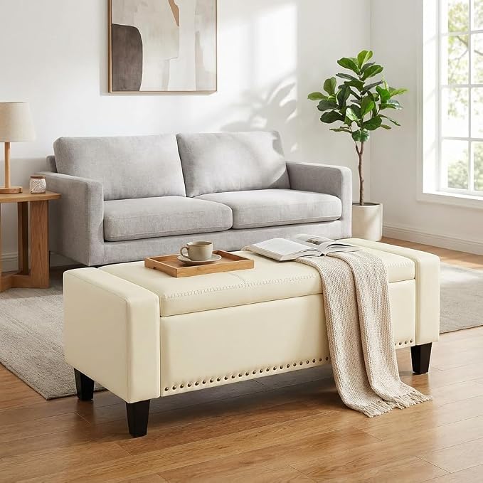 AKMAKM 49''W Storage Ottoman Bench, 30 Gallons End of Bed Bench, Faux Leather, Mid Century Modern, Upholstered Bench with Storage and Seat for Entryway, Living Room, Holds up to 350 lb, White