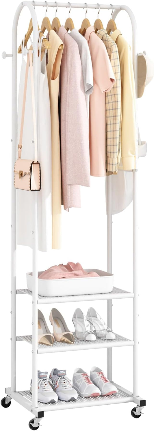 Kaitiemoo Clothing Rack, Mobile Garment Rack with Wheels & 3 Shelves, White | Heavy Duty Frame, Fits Small Spaces, 71.8 Inches Display Rack, Easy to install, White clothes rack