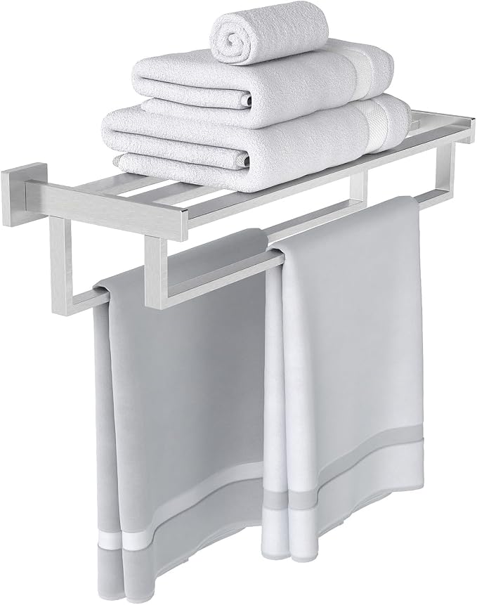 STWWO Double Towel Racks for Bathroom Wall Mounted, 24 Inch, Brushed Nickel | Double Towel Bar with Shelf, Dual Towel Rack with Shelf, Stainless Steel Hand Towel Hanger, Bath Towel Holder for Wall