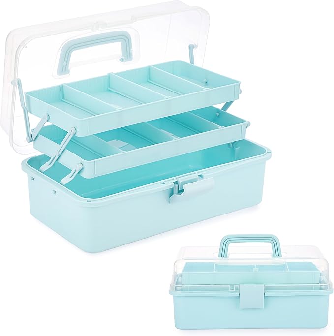 BTSKY 3-Layer Plastic Dividing Storage Box Craft Organizer and Storage | Portable Handled Art Supply Organizer with Adjustable Spacers Multipurpose Home Utility Box for Medicine Sewing(Blue)