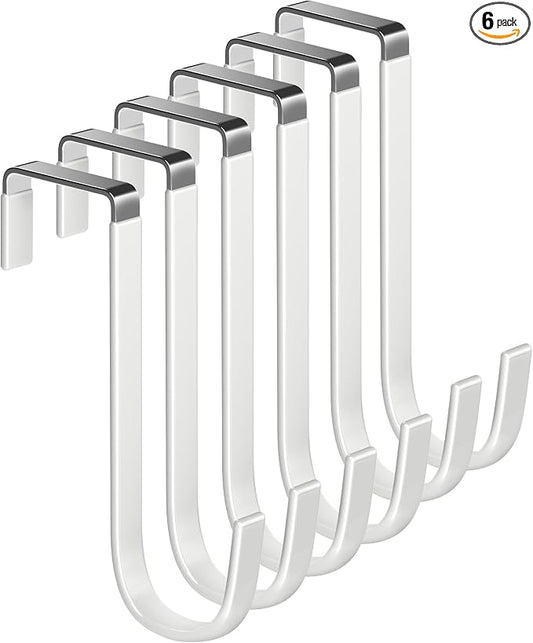 Single Over Door Steel Hooks 6 Pack Fit 1-3/8" Door 5.5" White | Plastic Coated Rubber Feel Towel Rack Robe Coat Shoe Wreath Hanger No Damage No Scratch for Bathroom Heavy Duty Thin Top