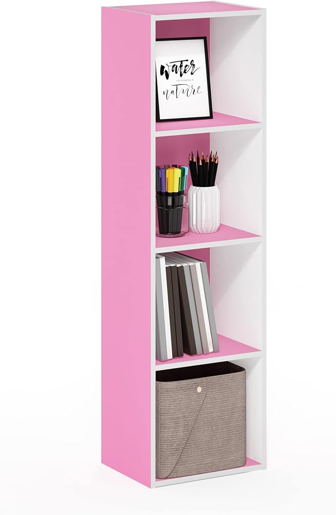 Furinno PASIR Book Shelf, 4-Tier Modern Bookshelf, Open Shelves Bookcase 9 x 12 x 42, Easy Assembly, for Living Room, Bedroom, Home Office, Pink/White