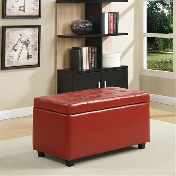 SIMPLIHOME Dover 36" Wide Vegan Leather Storage Ottoman in Denim Blue | Transitional storage ottoman with tufting and lift-up lid; rectangle storage bench for living room or entryway.