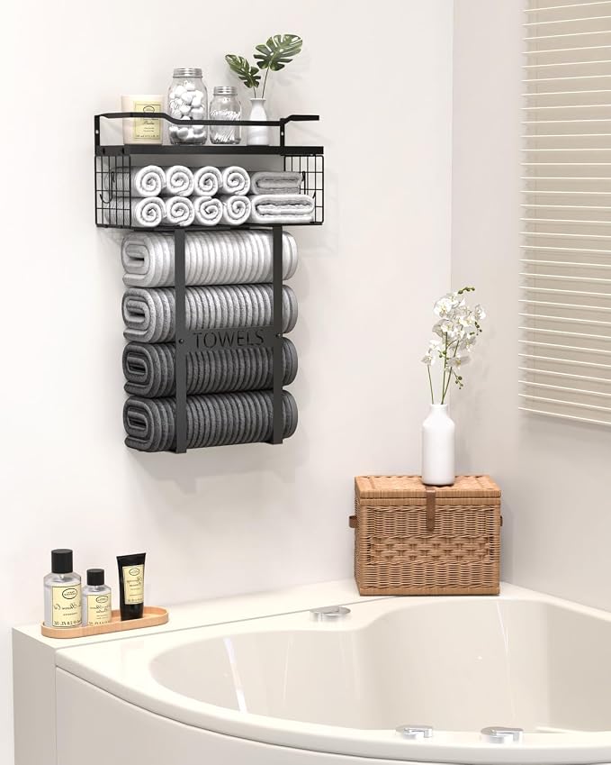 Wall Mounted Towel Rack for Bathroom - Bath Storage Holder Set Above Toilet, Rolled Towel Shelf Organizer, Wood Vertical Rack for Small Bathroom Decor, Black