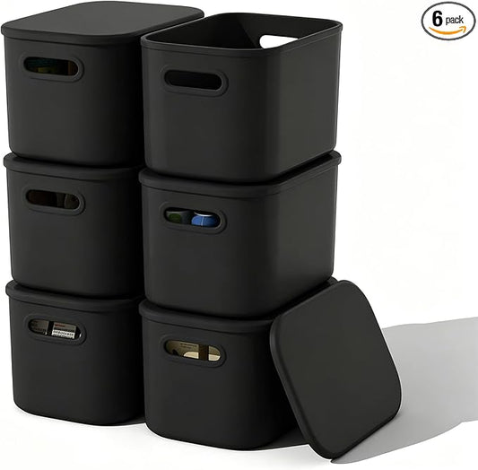 ORGIDOL 6 Pack Black Storage Bins with Lids Stackable Storage Container for Organizing, Black Storage Boxes with Handle for Shelves, Cute Organizer Bins for Craft, Snacks, 9.85x6.9x5.7 inch