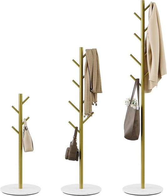 Coat Rack with 8 Hooks, 3 Adjustable Heights, Modern Hall Tree, Sturdy Metal Clothes Stand with Sintered Stone Base for Entryway, Office, Bedroom, for Coats, Hats, Handbags and Scarves, Gold