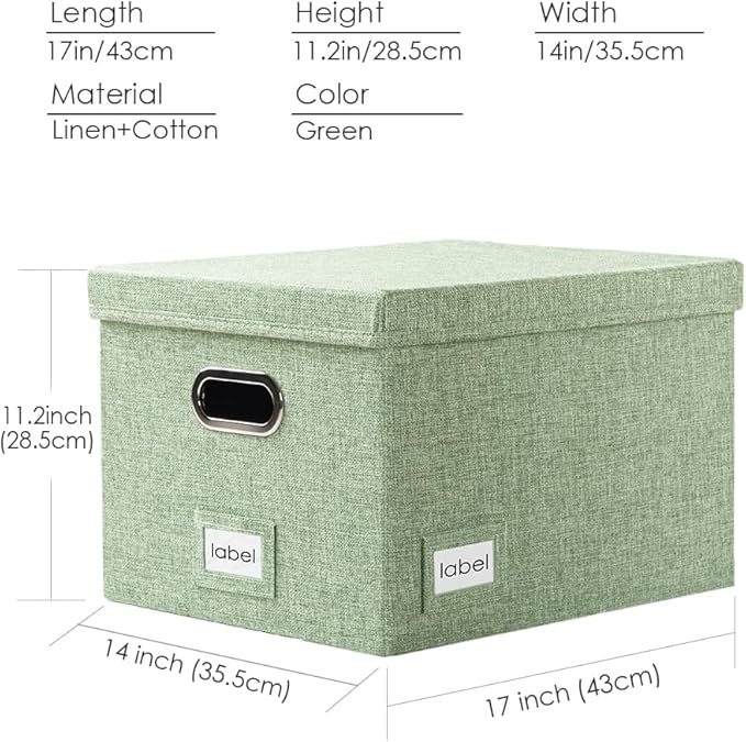 File Organizer Box - Set of 1 Collapsible Decorative Linen Filing Storage Hanging File Folders with Lids Office Cabinet Letter/Legal Green (17x14x11.2 inch)