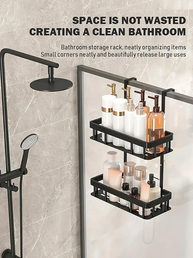 Over Door Shower Caddy, Black Rustproof Bathroom Organizer, 2-Tier Storage Rack, 11.81x5.31 Inch Shelves, No Drilling Required