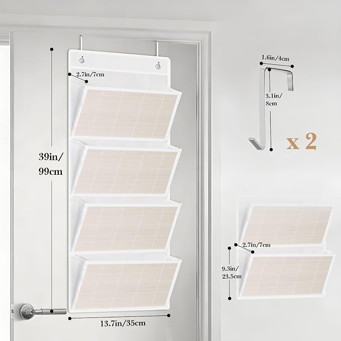hanging wall file organizer, Over the door file folder organizer with 4 Large Bamboo Pockets, Suitable for Home, Office, Back to School Supplies Storage and Organization (White)
