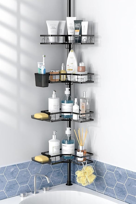 Corner Shower Caddy Tension Pole: 4-Tier Adjustable Rustproof Bathroom Organizer Shelves - No-Drill Bathtub Shampoo Rack Standing Shower Caddy for Renters, Apartment & Family Bathroom 31-124 inch