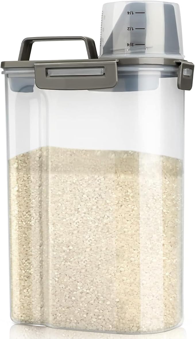 Viretec Rice Airtight Storage Container, 3 to 5Lbs Cereal Dry Food Flour Bin, Pet Dog Cat Food Dispenser with Measuring Cup, BPA Free Clear Plastic Kitchen and Pantry Organization Bin for Sugar