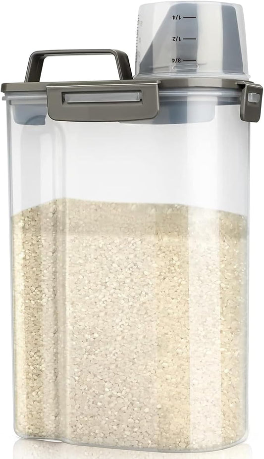 Viretec Rice Airtight Storage Container, 3 to 5Lbs Cereal Dry Food Flour Bin, Pet Dog Cat Food Dispenser with Measuring Cup, BPA Free Clear Plastic Kitchen and Pantry Organization Bin for Sugar