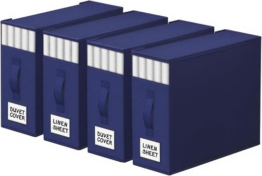 StorageTastic 4 Pack Bed Sheet Closet Organizers and Storage,Sturdy Foldable Storage Containers with Window and Label,Storage and Organization for Bedding Sheets,Duvet Covers,Blankets (Blue)