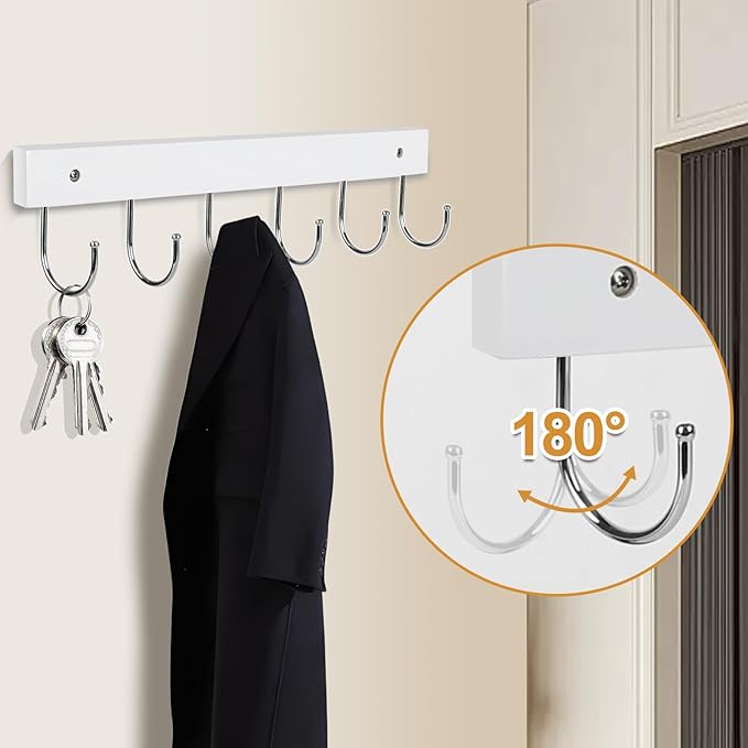 2-Pack Coat Rack Wall Mount, 14.6" Wooden Wall Hanger, 12 Rotating Hooks | Wooden coat rack, for coats, purses, hats, jackets, towels, space-saving entryway, hall, apartment organizer, white
