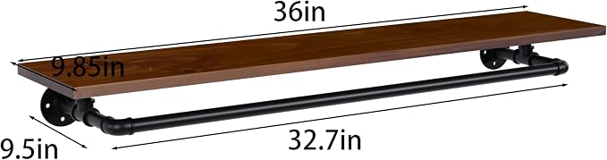 Clothes Rack 36in, Wall Mounted Garment Rack with Real Walnut Wood Shelf, Heavy Duty Hanging Clothes shelf, Multi-Purpose Hanging Rod, Space-Saving Closet Storage (Walnut, 1T36IN)