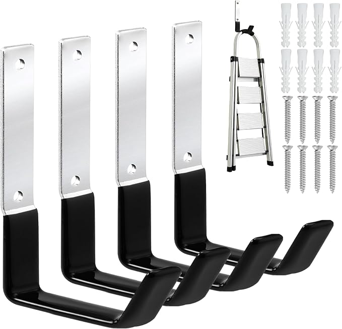 GeeWatom Heavy Duty Steel Garage Hooks,Garage Storage Utility Hooks,Anti-Slip Garage Hooks,Garage Garden Tool Organizer,Steel Wall Mount Hooks, Garden Hose Hanger, Black J Hooks (Large-4PC)