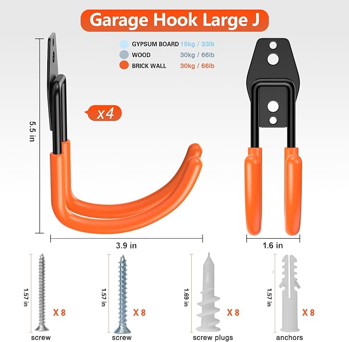 HUPBIPY Heavy Duty Garage Hooks 4 Pack, J Shaped Hanger, Wall Mounted Storage System, Power and Garden Tool Organizer, for Hanging Ladders, Bikes Tires, Hose, Bulk Items