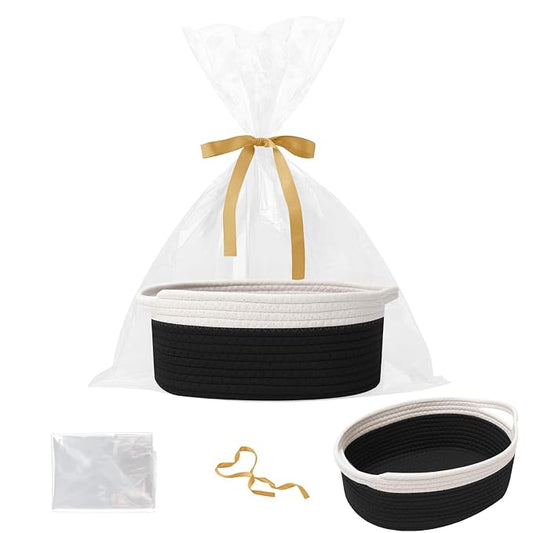 Woven Rope Basket - Baby Gift Basket with Bag & Ribbon, White&Black | Cotton rope with handle, 12 x 8 x 5 in, gift bag and ribbon, for baby shower, birthday, toy storage, nursery, shelf decor
