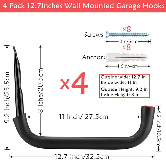12.7 Inch Heavy Duty Large Tool Hanger, 4 Pack Wall Mounted Garage Storage Hooks, Indoor Outdoor Organizer Rack Load Capacity 50lbs