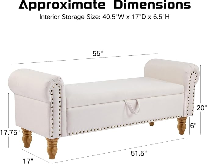 55" Storage Bench, End of Bed Bench with Rolled Arm and Nailhead Trim, Upholstered Bedroom Bench with Storage, Ottoman Bench for End of Bedroom, Living Room, Entryway (Beige Linen)