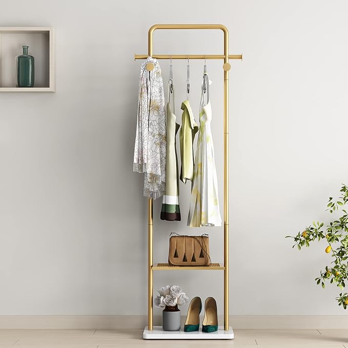 TIEOU Gold Clothes Racks with Shelf, Heavy Duty Gold Clothing Racks for Boutiques, Free-Standing Metal Garment Rack for Hanging Clothes, Modern Coat Rack Entryway(2 tier)
