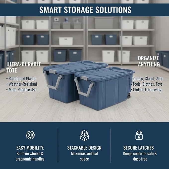 40 Gallon Heavy-Duty Rolling Storage Bins 2-Pack, Blue Industrial Plastic with Pivot Handle, Leakproof Lid & Latches, for Garage Workshop Equipment Transport & Storage