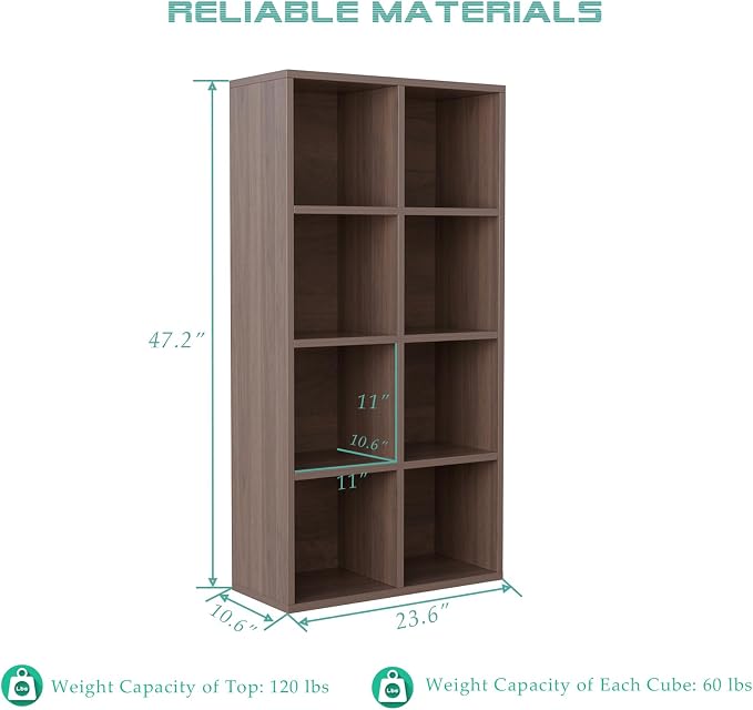 OSCHF 8-Cube Storage Shelf Bookcase, Walnut | Wooden 4-Tier Open Bookshelf, Fits 11×11" Bins, Vertical or Horizontal Use, Full Back Panels, For Home Office