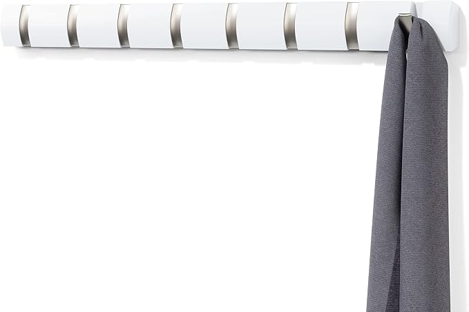 Umbra Flip Coat Rack, Wall Mount 8-Hook, Space Saving, White | Real wood and steel build, retractable hooks fold flat, holds coats bags and scarves, easy install