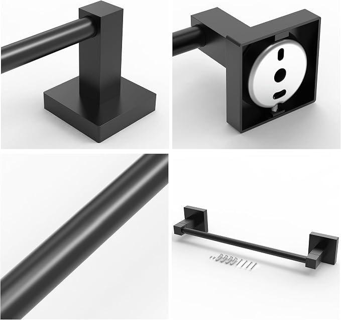RUACQ Towel Bar 10" Towel Racks for Bathroom Wall Mounted, Matte Black | Hand Towel Holder, Total Length 12 Inch Single Towel Rod, 304 Stainless Steel, Rustproof, Square Base, Heavy Duty, Modern