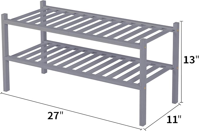 ROMGUAR CRAFT 2 Tier Bamboo Shoe Rack for Closet Free Standing Wood Shoe Shelf for Entryway Small Space Stackable 27"x11"x13" (Grey)