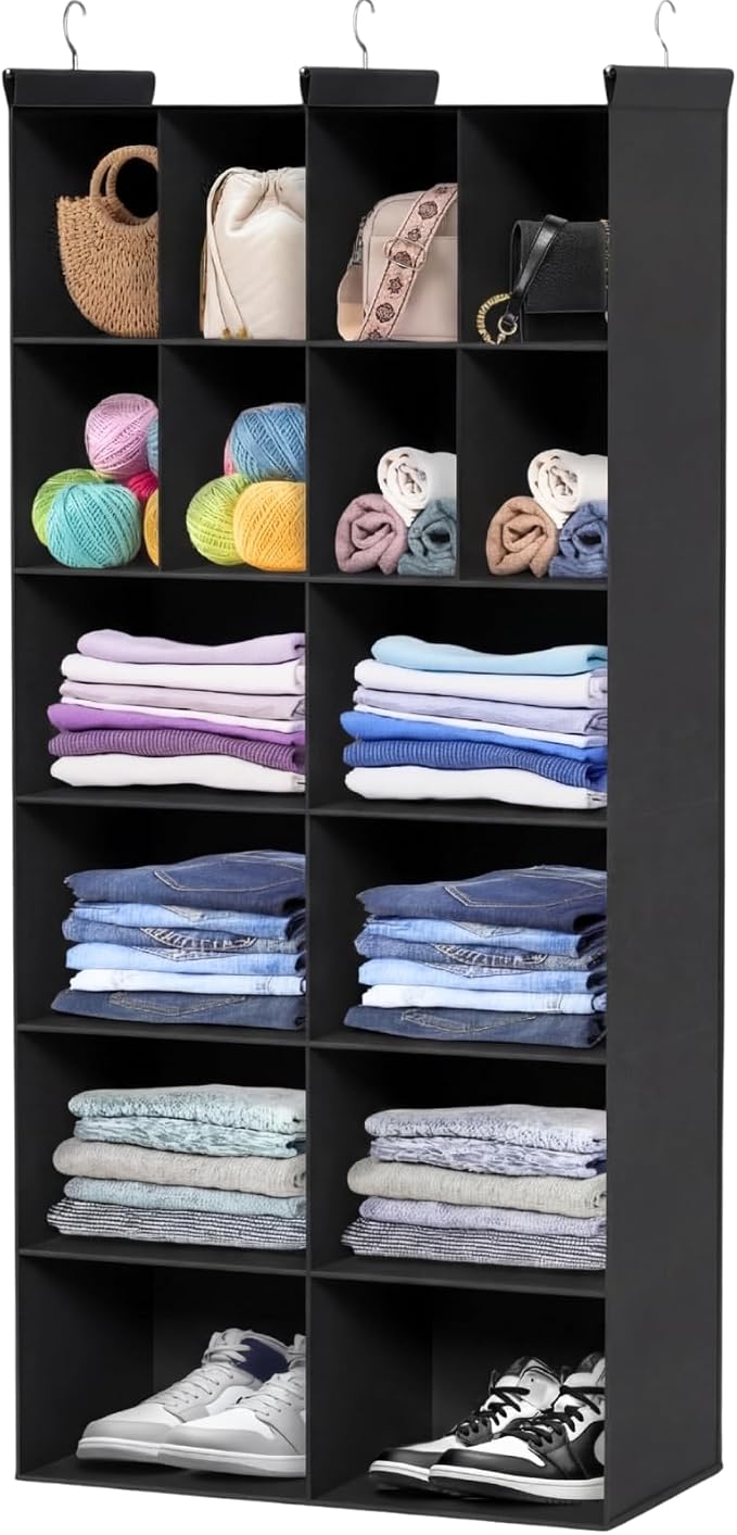 6 Tier Hanging Closet Organizer, 16 Compartments Dual Row Storage, Black | Closet Organizers and Storage with Large & Small Pockets, 3 Sturdy Hooks Support Heavy Loads, Ideal for Dorm, Garment Rack