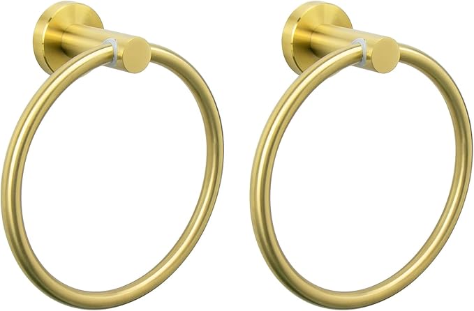 NearMoon Bath Towel Ring, Bathroom Hardware Accessories-Thicken Stainless Steel Hand Towel Holder for Bathroom, Modern Round Towel Hanger Wall Mounted (Brushed Gold, 2 Pack)