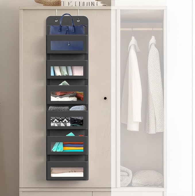 Simple Houseware 6 Clear Pocket Over Door Hanging Organizer, Dark Gray | Over the Door Storage for Closet, Bedroom, Bathroom, Pantry