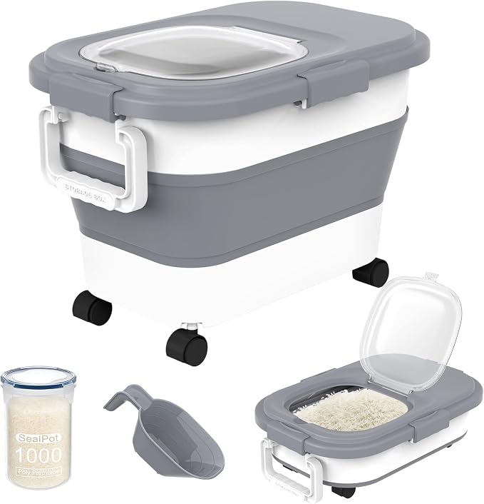 HOYTAMDA 20-30Lbs Collapsible Rice Container,Food Storage Containers Wheels | Rice Storage Container with Airtight Clear Lid,Handle,Small Bin &Scoop,Rice Dispenser for Flour Sugar Cereal Dog Cat Food