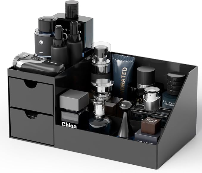 Makeup Organizer with 2 Drawer,Black Cologne Organizer for Men,Cologne Stand and Rack,Skin Care,Perfume Organizer Holder and Fragrance Shelf for Vanity,Bathroom Countertop and Dresser Top,1PCS