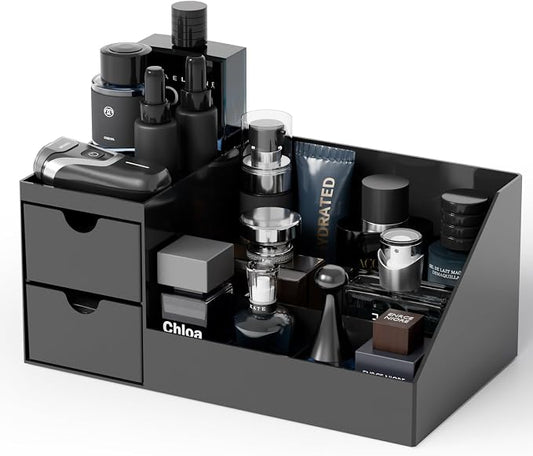 Makeup Organizer with 2 Drawer,Black Cologne Organizer for Men,Cologne Stand and Rack,Skin Care,Perfume Organizer Holder and Fragrance Shelf for Vanity,Bathroom Countertop and Dresser Top,1PCS