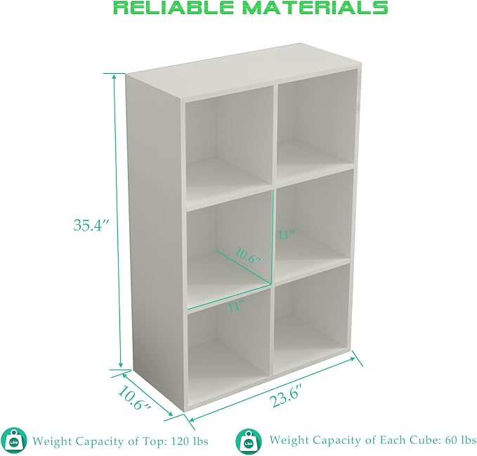 OSCHF 6-Cube Storage Shelf Bookcase, Warm White | Wooden 3-Tier Open Bookshelf, Fits 11×11" Bins, Vertical or Horizontal Use, Full Back Panels, For Home Office