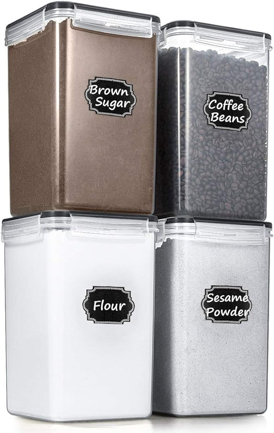 Wildone Flour Sugar Storage Containers 6.5L, 4 PCS, Black | Large Bulk Food Storage Containers with Airtight Lids for Flour and Sugar, BPA Free, Food Grade Material, 20 Labels Included