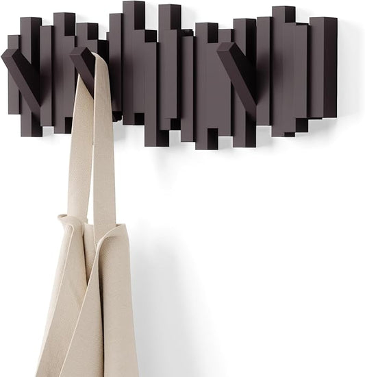 Umbra Sticks Wall Mount Coat Rack, 5 Hook Retractable Pegs, Espresso | Mounting hardware included, sculptural modern design, entryway or bedroom use, recycled plastic