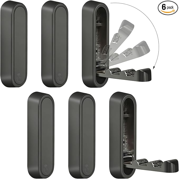 6PCS Foldable Wall Hooks, Zinc Alloy Flip Down Hooks, Retractable Wall Hooks for Bathroom, Entryway, Hanging Coats Hats Bags Keys (Black)