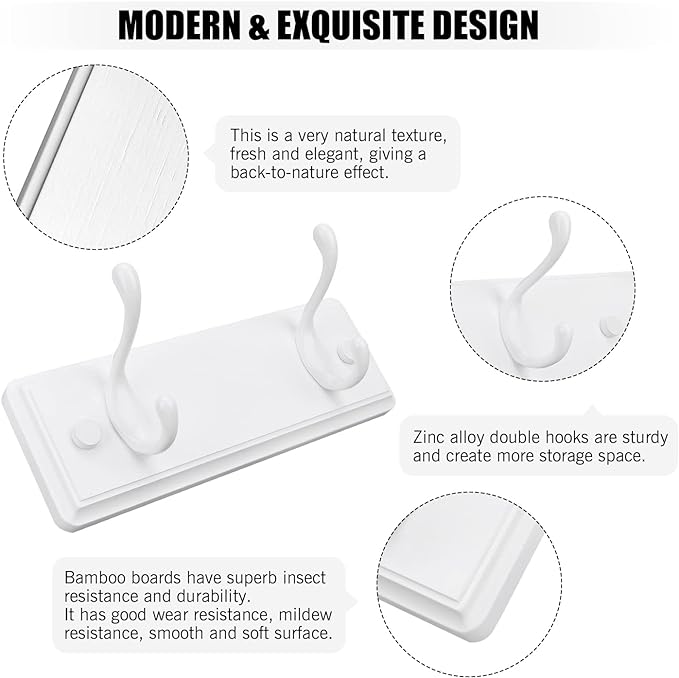 Badiano Wooden Coat Rack, Wall-Mounted Organizer for Closet, Entryway, Hallway, Foyer, Bedroom, Heavy Duty Double Hooks for Hanging Towels, Bags, Hats, Jackets, Key (White, 2 Hooks)