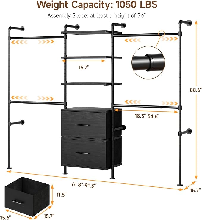 T3 Wall Mounted Industrial Pipe Closet Organizers Storage System | Metal Clothing Rack with 2 Drawers, 6 Wooden Shelves & 4 Expandable Rods, Heavy Duty Garment Rack, Wardrobe (Black)
